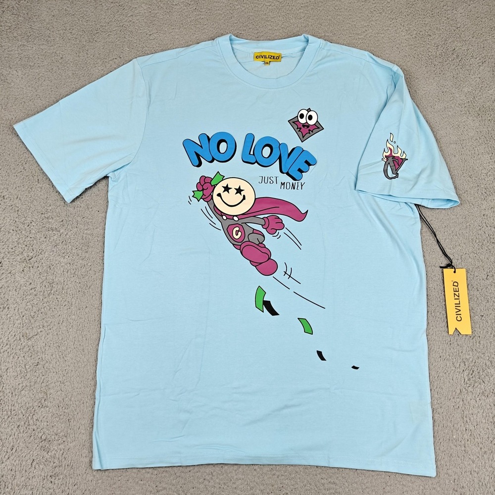 CivilizeD Shirt Mens 2XL Light Blue No Love Just Money Self Made Graphic Cartoon